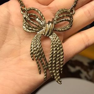 Gold Engraved Antique Look Bow Metal Necklace